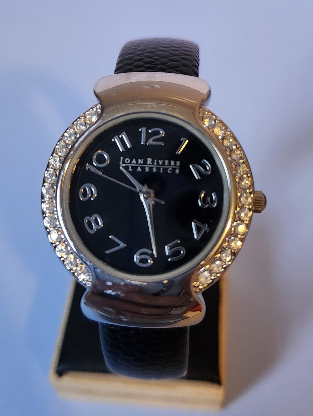 Joan Rivers Silver Crystal-Bezel Watch with Black Dial and Black Cuff Bangle